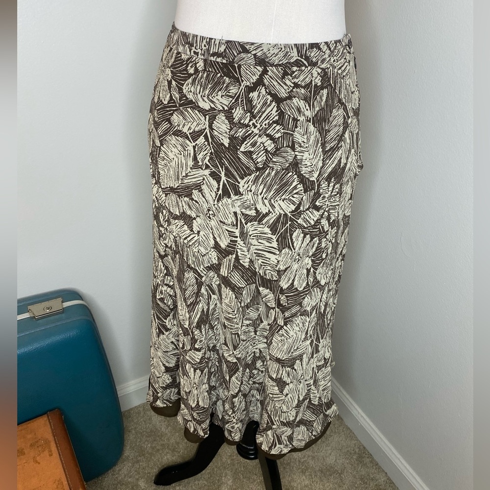 Y2K Style Kate Hill 100% Silk Flowy Brown Frond Maxi Skirt, SZ 6